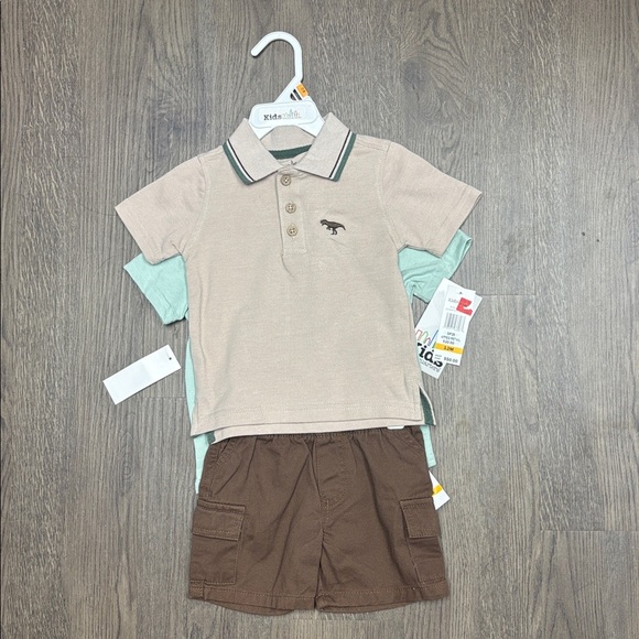 NWT Kid’s Headquarters Dino Tan Polo, Dino Green Tee & Brown Shorts 3-Piece Set - Picture 9 of 10